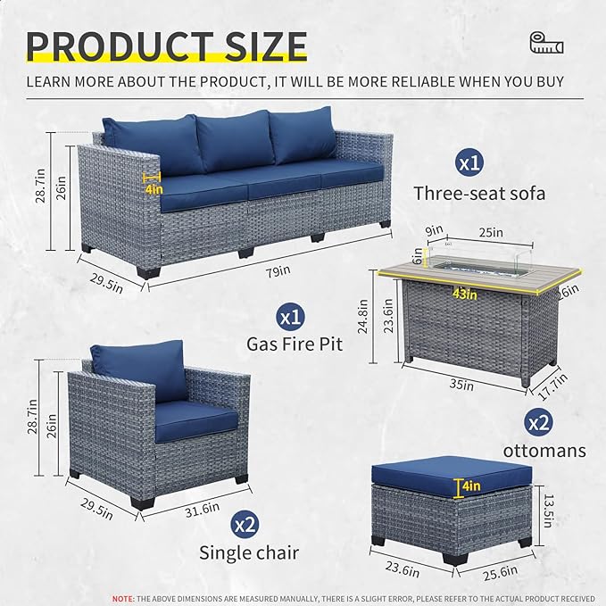 6 Pieces Wicker Patio Furniture Sets Outdoor Conversation Set PE Rattan Sectional Sofa Couch with 45" Fire Pit Table and Royal Blue Cushions