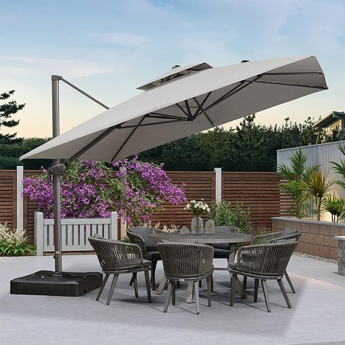 PURPLE LEAF 11 FT Cantilever Umbrella Outdoor Patio Umbrella Large Offset Square Umbrella Windproof Heavy Duty Hanging Outside Umbrellas for Patio, Pebble Grey
