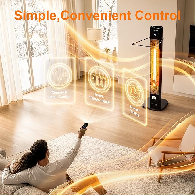 Patio Heater,1500W Outdoor Heater with 3 Heat Levels,Quiet Operation,Carbon Fiber Heating Tube, Remote,24H Timer, Tip-Over & Overheat Protection,Electric Heaters for Garage,Backyard,Porch Black