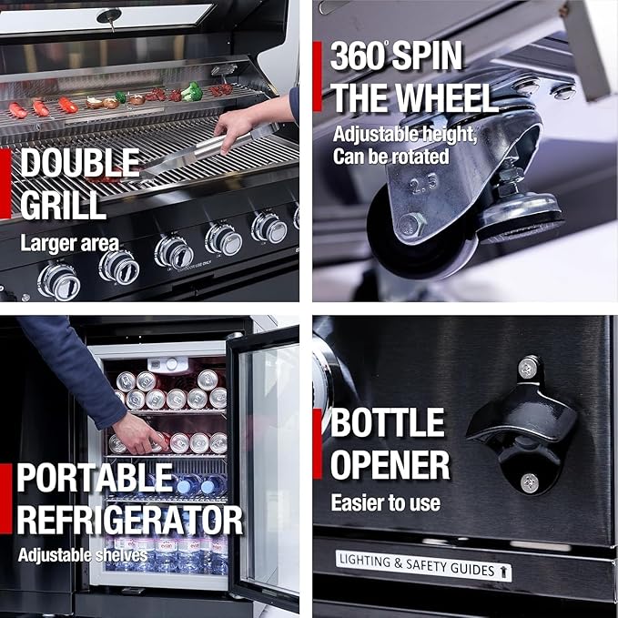 85 Inches Propane Grills 6-Burner 85000 BTU Deluxe 304 Stainless Steel Gas Outdoor Kitchen Bar Barbecue Island Grill, Wine Cooler Compact Refrigerator, Granite Countertops, Stainless Steel Sink, Black