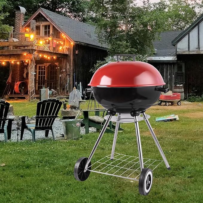 Charcoal grill, portable kettle charcoal grill with insulated cover, suitable for courtyard, camping, and outdoor use. (18 inches red)