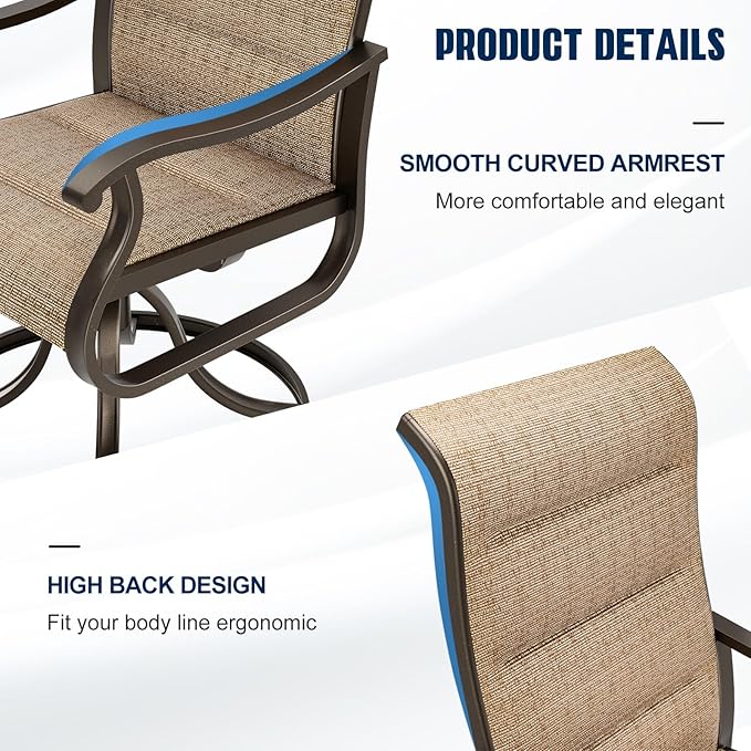 UDPATIO Patio Swivel Chairs Set of 4, Outdoor Dining Chairs High Back with Padded All Weather Breathable Textilene, Metal Rocking Frame for Backyard Lawn Garden, Brown