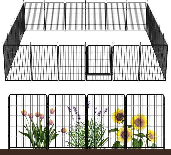 SunsGrove Tall Garden Fence with Gate, 40 in(H) x 53.5 ft(L) 24 Panels Heavy Duty Metal Animal Barrier Fence for Yard, Suitable for Indoor or Outdoor Dog Pet Fence, Garden Fence Border, Black