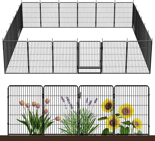 SunsGrove Tall Garden Fence with Gate, 40 in(H) x 53.5 ft(L) 24 Panels Heavy Duty Metal Animal Barrier Fence for Yard, Suitable for Indoor or Outdoor Dog Pet Fence, Garden Fence Border, Black
