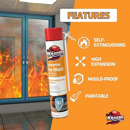 Kraken Bond Extreme Orange Fire Block Foam - (2x24oz) Fire Rated Polyurethane Spray for Gap Filling, Sealing on Windows, Walls, Joints & Pipes, Straw Use High Expansion Fire Proof Foam - 2 Pack