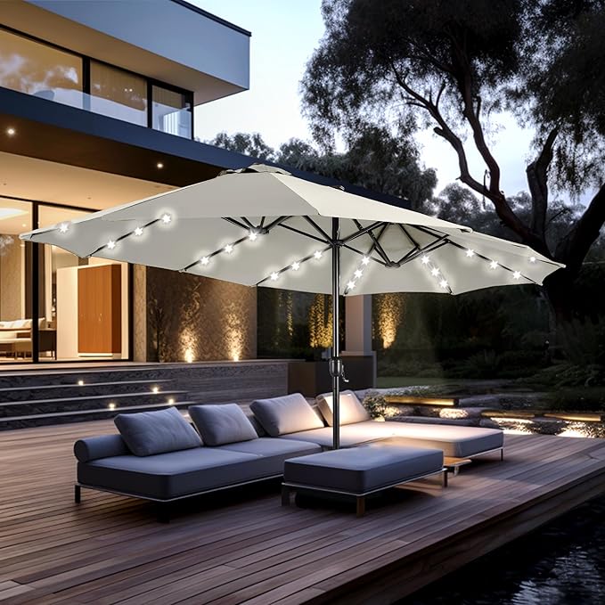 PHI VILLA 15ft Large Patio Umbrella with Solar Lights, Double-Sided Outdoor Market Rectangle Umbrellas with 36 LED Lights, Umbrella Base (Stand) Included, Ivory
