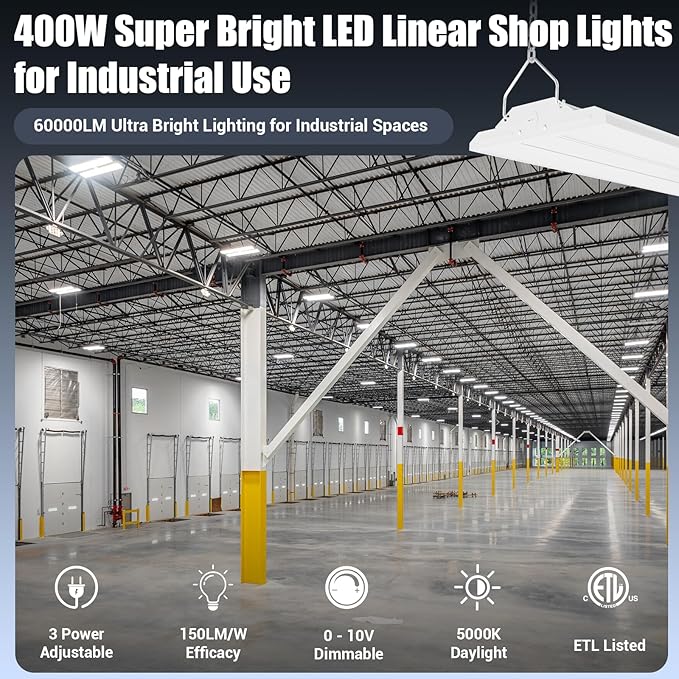 400W LED Linear Shop Lights, 22500LM Led High Bay Lights 5000K Daylight 120-277V, 2-Pack Led Garage Light for Shop Workshop Store Commercial Supermarket Warehouse Basement Exhibition Room ETL