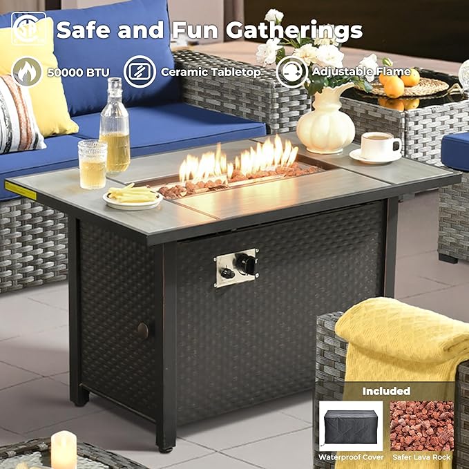 ovios 10 Pieces Patio Furniture Set, Outdoor Wicker Sectional Sofa with 42" Fire Pit Table Swivel Chairs, Modern Modular Deep Seat Rattan Couch Conversation Sets, Navy Blue