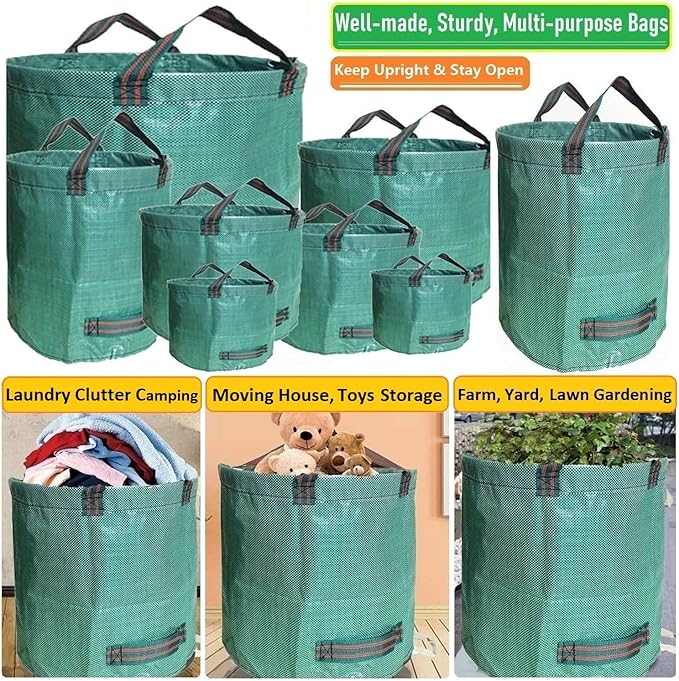 Standard 3-Pack 46 Gallon Yard Garden Bags (D26, H19 inch) W/Garden Gloves for Leaf Bags,Yard Waste Bags,Camping Waste Bin,Recycling Bag,Laundry Bag,Lawn Debris,Grass Clippings,Weeds Barrel 4 Handles