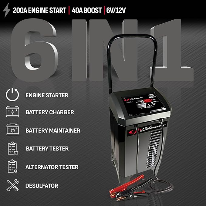 Schumacher Electric Wheeled Automatic 6A Car Battery Charger and 200A Engine Starter, 6-in-1 Solution, Maintainer, 40A Boost, for 6V/12V Power Sport, Automotive, and Marine Batteries, SC1309