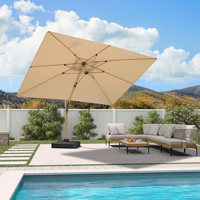 PURPLE LEAF 9' x 12' Rectangle Patio Cantilever Umbrella With Base Large Hanging Umbrella Teak Finished Aluminum Frame Windproof Offset Outdoor Sun Umbrellas for Beach Pool Deck, Beige