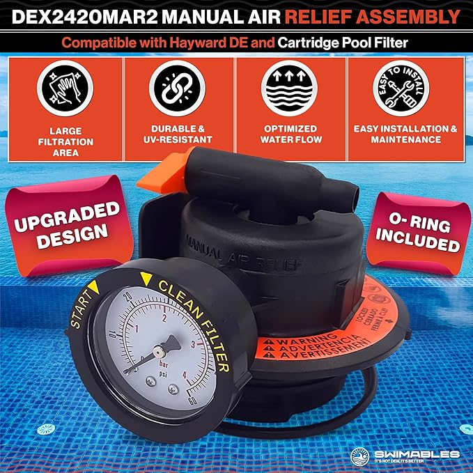 Swimables DEX2420MAR2 Manual Air Relief Assembly - Compatible with Hayward DE and Cartridge Pool Filter - Works with Pro Grid, Swim Clear and Swimclear Cartridge Filters- New Upgraded Design