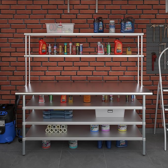 Amgood 30" x 72" Stainless Steel Work Table with 3 Shelves and 12" Wide Double Tier Overshelf | Metal Kitchen Prep Table & Shelving Combo | NSF
