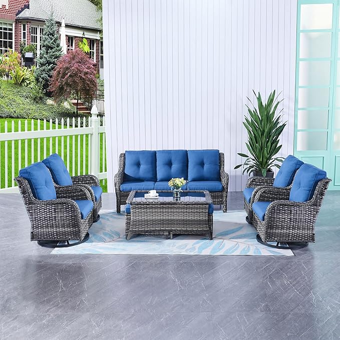 HUMMUH 8pcs Patio Furniture Set Outdoor Swivel Rocker Wicker Patio Chairs,Outdoor Couch with Coffee Table and Ottomans(Grey,Blue)