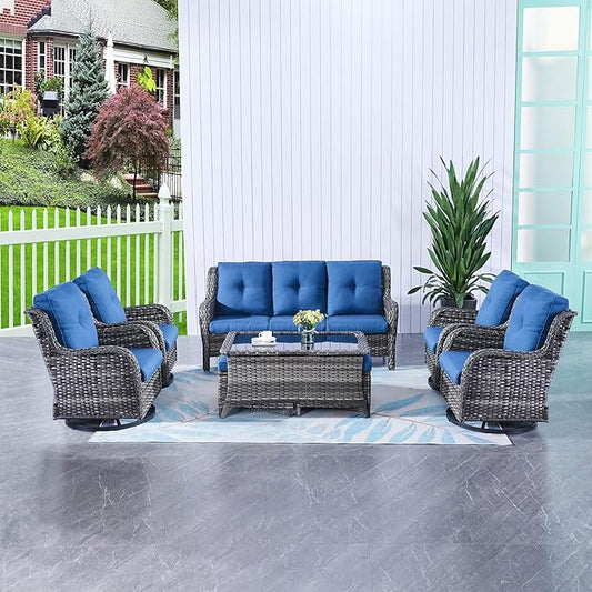 HUMMUH 8pcs Patio Furniture Set Outdoor Swivel Rocker Wicker Patio Chairs,Outdoor Couch with Coffee Table and Ottomans(Grey,Blue)