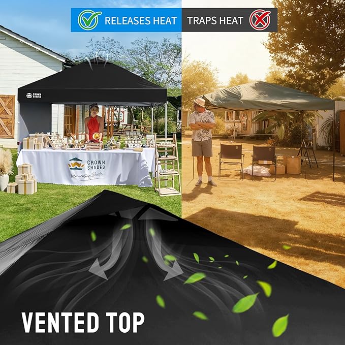 CROWN SHADES 10x10 Pop Up Canopy with 1 Side Wall - Beach Tent with One Push Setup - Outdoor Sun Shade for Events, Parties, Camping - Gazebo with STO-N-Go Cover Bag (Black)
