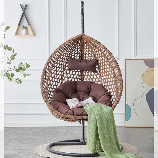 Hanging Egg Chair with Stand, Egg Swing Chair with Stand Indoor Outdoor, Brown Wicker Swing Egg Chair for Adults, Hammock Chair with Comfortable Cushion and Stable Round Metal Base for Bedroom Patio