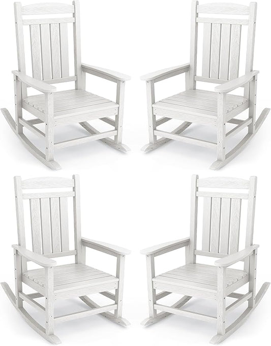 KINGYES Oversized Outdoor Rocking Chair Set of 4, High Density Polyethylene Patio Rocking Chairs with 330lbs Support for Adults, White