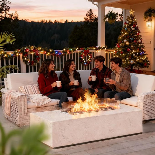 56" Propane Fire Pit Table, Rectangle Outdoor Fire Table w Glass Wind Guard(50,000 BTU), 2 Piece Patio Firepit Table Gas Fire Table w Fire Glass, Rain Cover for Outside, Backyard