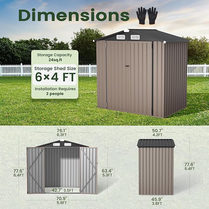 GVDV 6x4 FT Outdoor Metal Storage Shed, Durable Garden Shed with Updated Frame Structure for Backyard, Patio, Tool Storage, All-Weather Shelter for Bike, Gardening Tools, Equipment, Pet