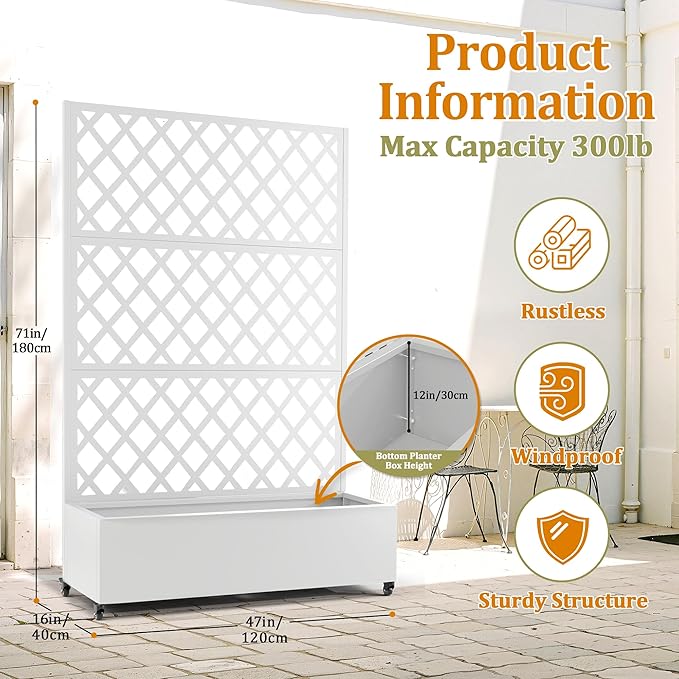 Metal Planter Box with Trellis, Heavy-Duty Raised Garden Bed for Climbing Plants, Drainage Hole, Outdoor Planter Box with Privacy Screen，47''L×16''W×71''H
