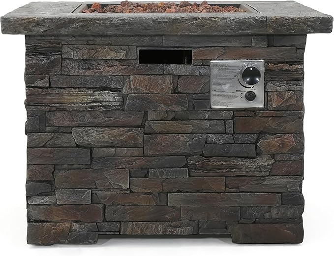Outdoor Propane Fire Pit Table, 33 Inch Square MGO Concrete Fire Pit with Lava Rocks, Smokless Fire Table for Outside Patio, Garden, Backyard, 40,000 BTU, Tank Inside, Stone Gray