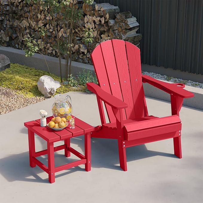 Folding Adirondack Chair, HDPE All-Weather Patio Chairs for Outdoor, Patio, Lawn, Garden, Backyard Deck, Fire Pit - Red