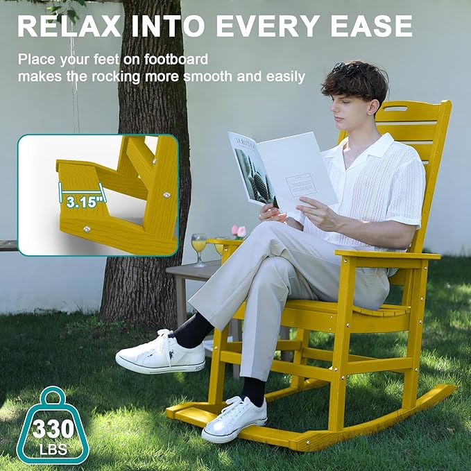 Outdoor Rocking Chair Set of 6 with Removable Footboard for Adults, HDPE High Back Patio Rocking Chairs, 330lbs All Weather Porch Rocking Chairs for Outdoor & Indoor -Yellow