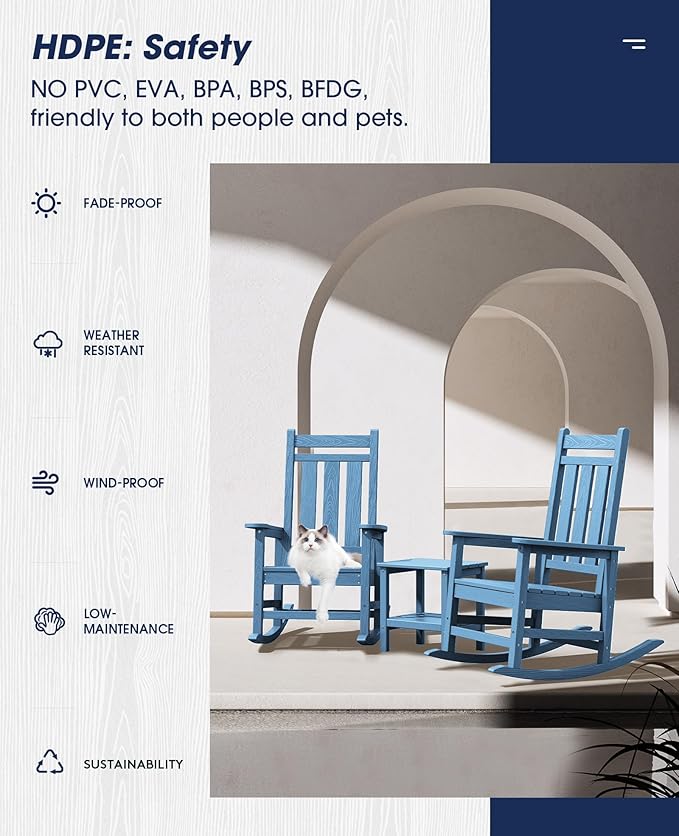 KINGYES Outdoor Rocking Chair Set of 4, All-Weather Patio Rocking Chairs for Porch, HDPE Rocking Outdoor Chairs with High Back for Adult, Heavy Duty Outdoor Patio Rockers for Garden, Lawn, Blue