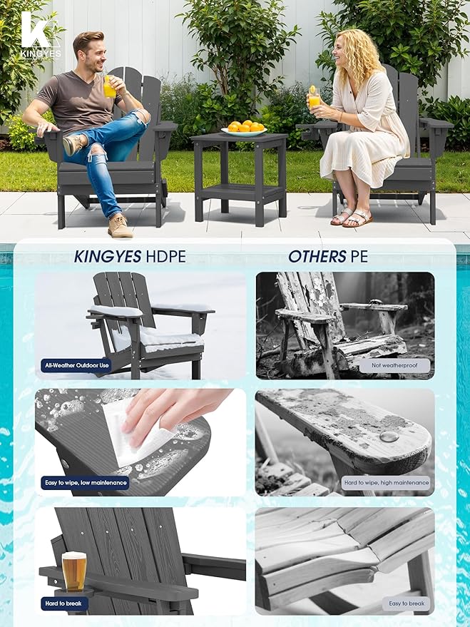 KINGYES 3-Position Adjustable Folding Adirondack Chair, Reclining Backrest Adironadck Chairs with Cup Holder, HDPE All-Weather Resistant Adirondack for Deck, Patio, Fire Pit, Grey