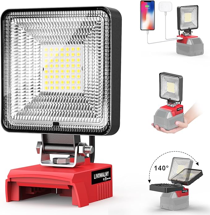 LIVOWALNY 27W LED Work Light Compatible with Milwaukee Battery, Portable 2700LM Flood Flashlight Tools 140° Adjustable Head with USB & Type C Output Port for Camping, Hiking, Construction, Emergency