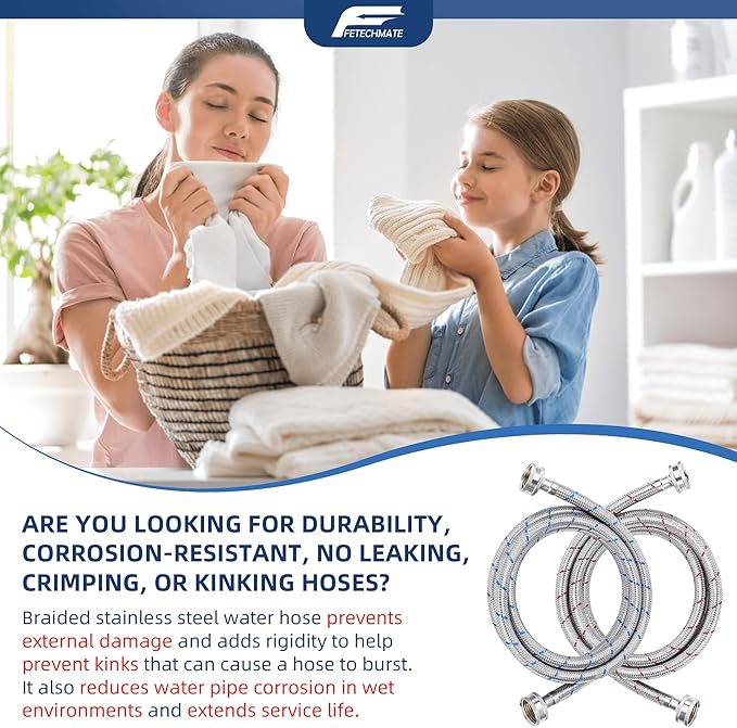 6FT Stainless Steel Washing Machine Hoses 3/4" NPT Connection Red and Blue Braid Water Supply Lines by Fetechmate Hot and Cold Premium Washer Hoses (2 Pack) - 10 YEAR WARRANTY