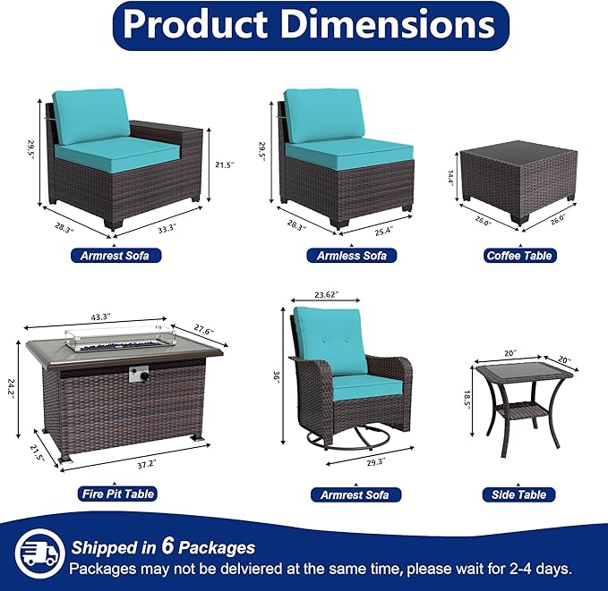 10 Pieces Patio Furniture Set with 2 Swivel Chairs Patio Furniture Outdoor Sectional Sofas with 55000 Gas Fire Pit Patio Conversation Set w/7 -Cushions