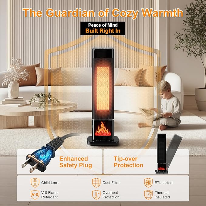 YEW Space Heater for Indoor Use, 1500W Portable Electric Heater with Thermostat, 120° Oscillation, 24H Timer, Remote Control, Ceramic Tower Heater Fan for Large Room, Bedroom, Office, Garage, 25"