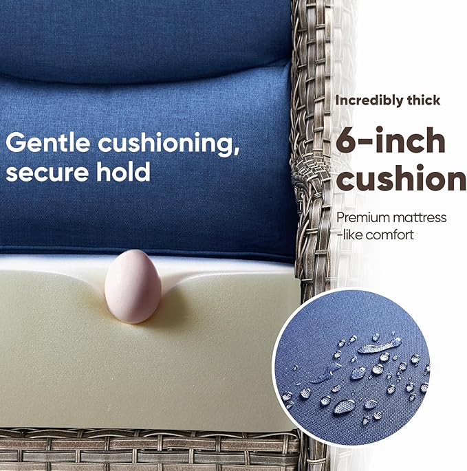 Swivel Patio Chairs Sofa Set of 4 with 6" Thick Cushion - Wicker Outdoor Swivel Rocker Patio Chair with Side Table, High Back Comfortable Outdoor Glider Chairs - Grey Wicker | Blue Cushions