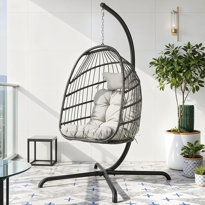 BLUEXYARD Heav-Duty Wicker Egg Chair Outdoor with Stand, 350 Lbs Rattan Patio Swing Chair with Cozy Cushion, Modern Foldable Eggshell Hanging Hammock Seat for Balcony Garden Bedroom, Light Grey