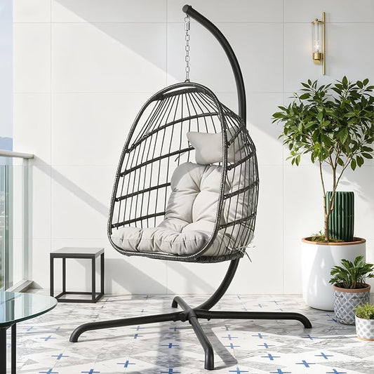 BLUEXYARD Heav-Duty Wicker Egg Chair Outdoor with Stand, 350 Lbs Rattan Patio Swing Chair with Cozy Cushion, Modern Foldable Eggshell Hanging Hammock Seat for Balcony Garden Bedroom, Light Grey