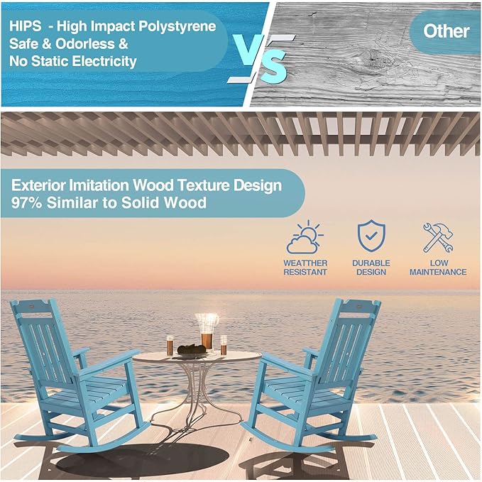 Rocking Chair, All Weather Resistant Poly Lumber Outdoor Porch Rocker, Rocking Chairs for Outdoor, Indoor, Patio, Deck, Garden, Backyard, Load Bearing 380 lbs - Lake Blue