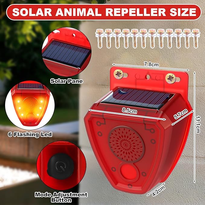 Qualirey 6 Pcs Night Solar Outdoor Motion Sensor Alarm, Nocturnal Animal Repeller Outdoor, 130dB Sound Alarm Siren, Loud Noisemaker 3 Modes for Deer Raccoon Chicken Coop Home Yard Farm Garden