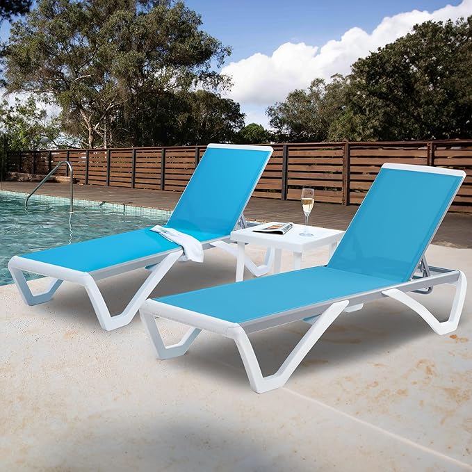 Kozyard Patio Chaise Lounge Chair - Full Flat Alumium & Resin Legs, Outdoor Reclining Adjustable Chair for Sunbathing, Beach, Patio, Lounge Set or Patio Table (Two Aqua Chaises W/Table)