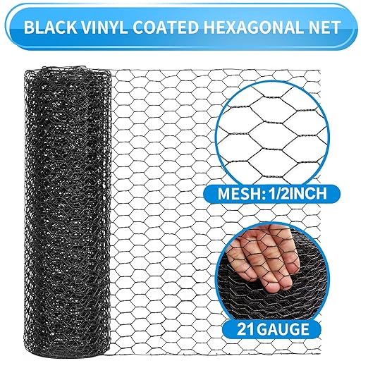 1/2 Inch Black Wire Mesh Roll - 48'' x 100' Chicken Wire Fence, 21 Gauge Hardware Cloth Poultry Netting for Garden/Animal Barrier/Rabbit/Floral/Chicken Coop/DIY Projects
