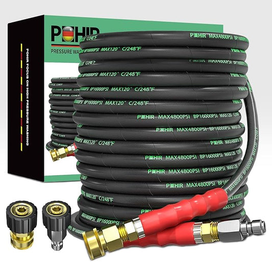 POHIR Pressure Washer Hose 70 FT×3/8 Inch 4800psi for Cold and Hot Water Max 248°F With 3/8 Inch Quick Connect Kink Resistant High Tensile Wire Braided, M22 Swivel to 3/8 Adapter Set 2pcs