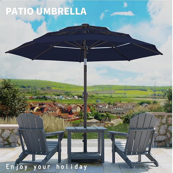 9FT 3 Tiers Patio Umbrella With Auto Tilt And Crank, Outdoor Table Market Umbrella with 8 Sturdy Ribs for Garden, Lawn, Deck, Backyard and Pool, Navy