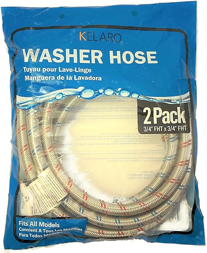 Premium Stainless Steel Washing Machine Hoses with 90 Degree Elbow, 5 Ft Burst Proof (2 Pack) Red and Blue Striped Water Connection Inlet Supply Lines