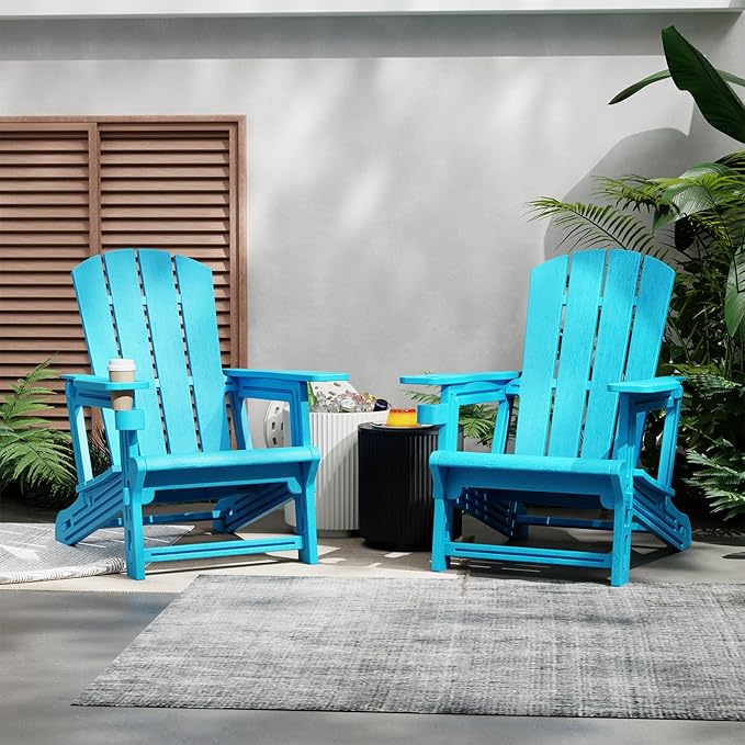 Adirondack Chair Set of 4, All Weather Plastic Adirondack Chairs, Fire Pit Chairs with Cup Holder, Outdoor Lawn Chair for Patio, Garden, Backyard, Sky Blue