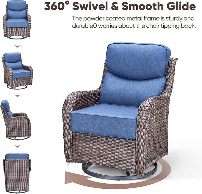 Swivel Patio Chairs Set of 2 with 6" Thick Cushion - Wicker Outdoor Swivel Rocker Patio Chairs, High Back Comfortable Outdoor Glider Chairs - Brown Wicker | Blue Cushion
