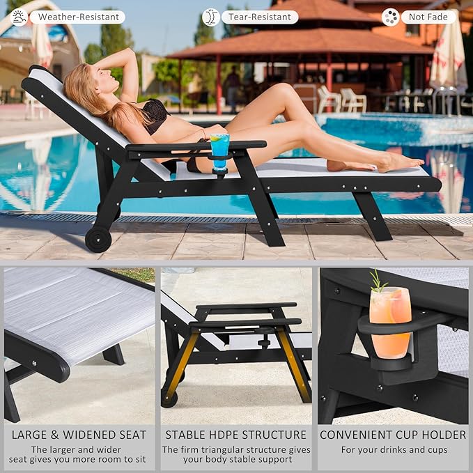 Outdoor Chaise Lounge Chair Set of 2, 5-Position Adjustable Patio Lounge Chair with Wheels & Cup Holder, HDPE Pool Lounge with Textilene Surface for Outside, Poolside (Black+White, 2)