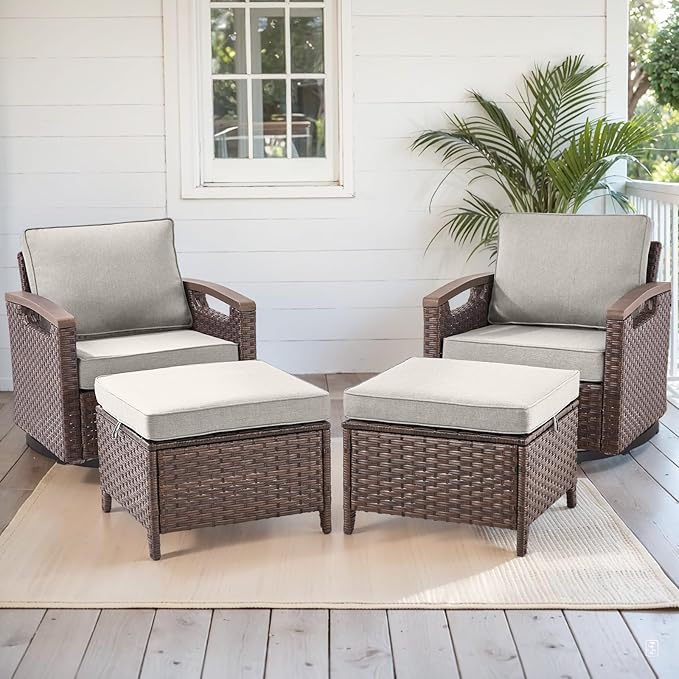 Rilyson Wicker Outdoor Patio Furniture Set - 4 Piece Patio Conversation Set with Swivel Rocker Chairs and Ottomans, Thick Cushions, High Back, Deep Seating, for Porch Deck Garden Brown/Beige