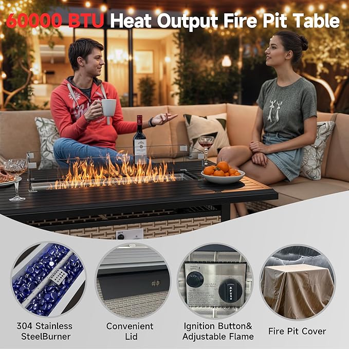 11 Pieces Patio Furniture Set with Fire Pit Table, Outdoor Sectional Wicker Sofa with Thick Cushions, High Back Swivel Rocker Patio Chairs, Rattan Conversation Set with Coffee Table, Khaki