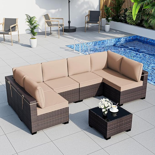 ALAULM Patio Furniture Set with Coffee Table, 7 Pieces Outdoor Sectional with Wide Seat and Thick Cushion, All Weather Wicker Rattan Conversation Set for Backyard, Garden, Deck, Sand